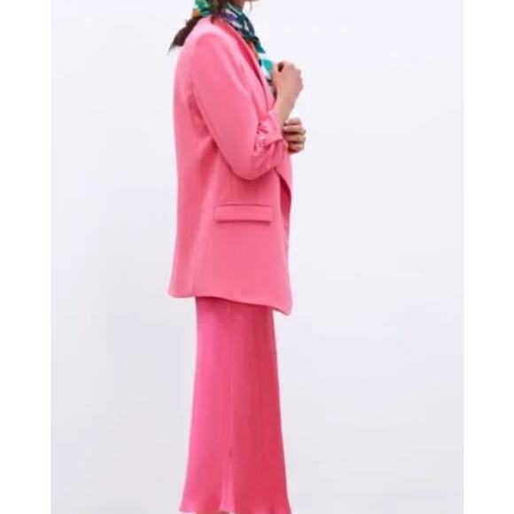 Zara Open Front Blazer Small Pink Rolled 3/4 Sleeves Oversized Cascade Neck - Picture 12 of 13